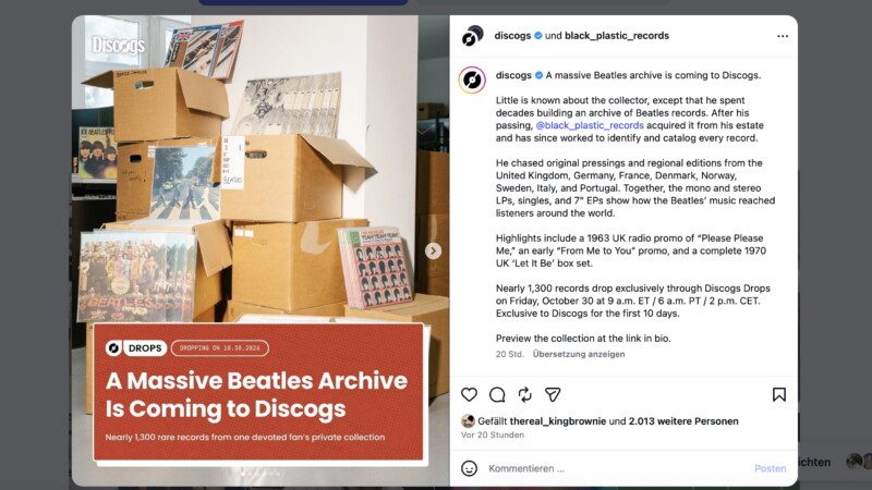 Discogs Black Plastic massive beatles archive _C_ Instagram Discogs Aus dem Nachlass eines Beatles-Sammlers: Discogs und Black Plastic kündigen den Verkauf von fast 1300 Schallplatten aus einer außergewöhnlichen Privatsammlung an. Foto: instagram.com/discogs, Screenshot